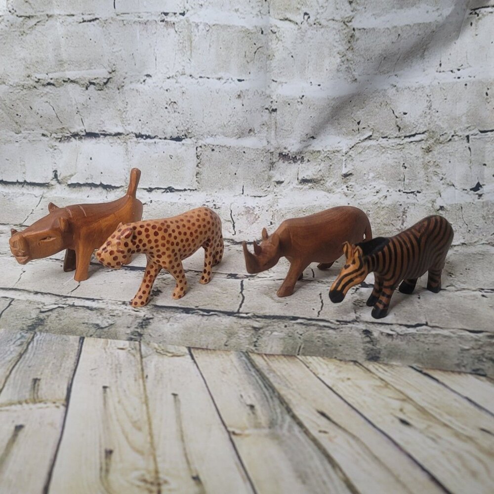 Lot of 4 Wood Carved 4 Inch Safari Animals Hippo Warthog Zebra Cheetah